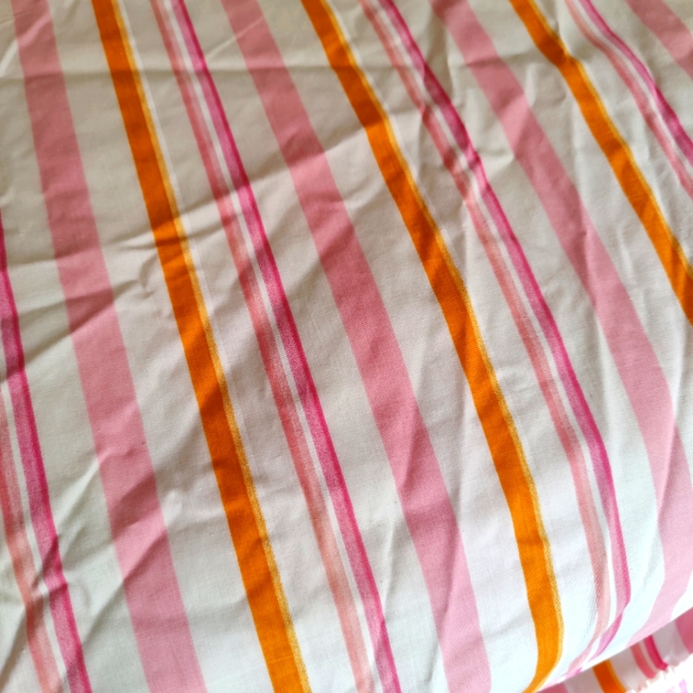 Vintage CAL King Fitted Sheet White/Pink & Orange Stripes Retro Midcentury Vibes